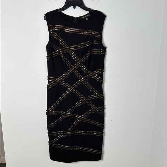Tadashi Shoji Foil Print Banded Asymmetrical Detail Jersey Sheath Dress - Picture 2 of 8